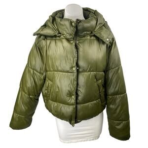 Zara Green Full Zip Snap Button Long Sleeve Hooded Hoodie Puffer Coat Jacket L